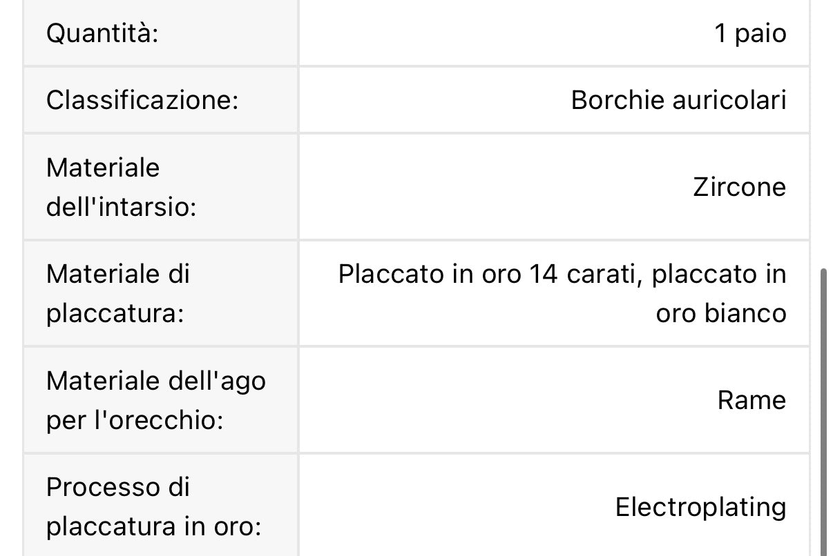 Orecchini in rame e zirconi placcato oro bianco 14k