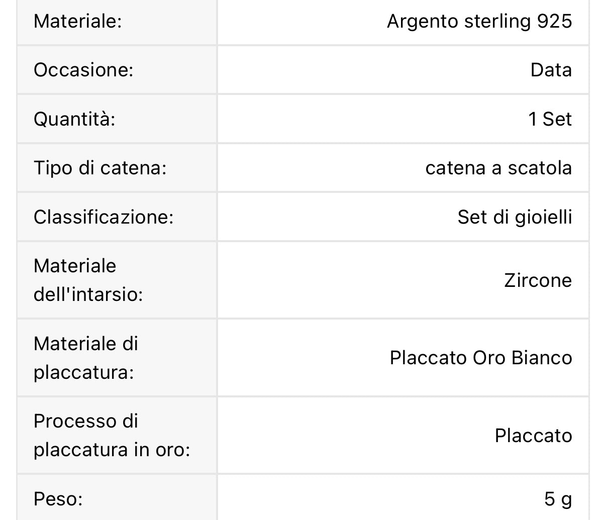 Set collana+orecchini in argento sterling 925 placcata oro bianco 18k