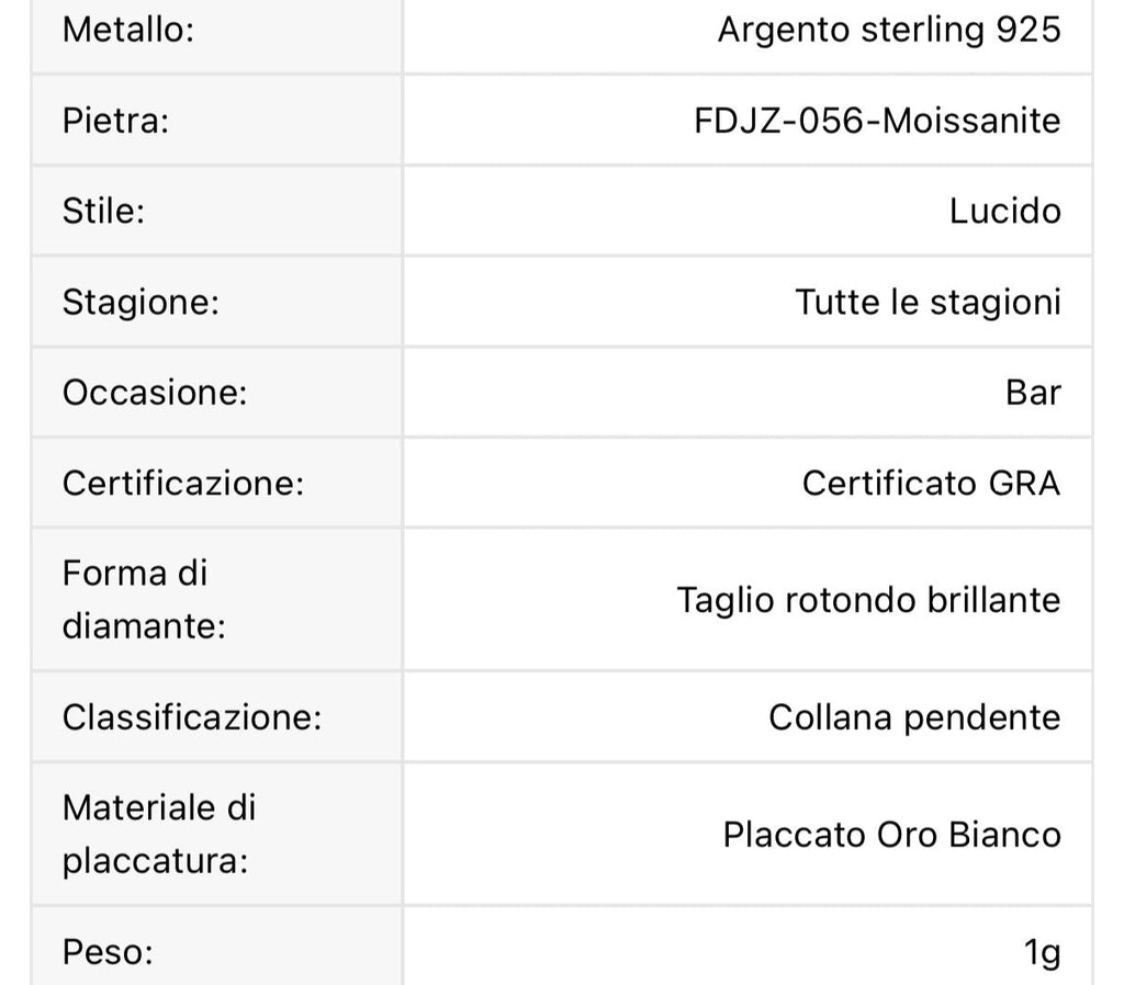 Collana argento S925 1ct Moissanite placcata oro bianco 18k