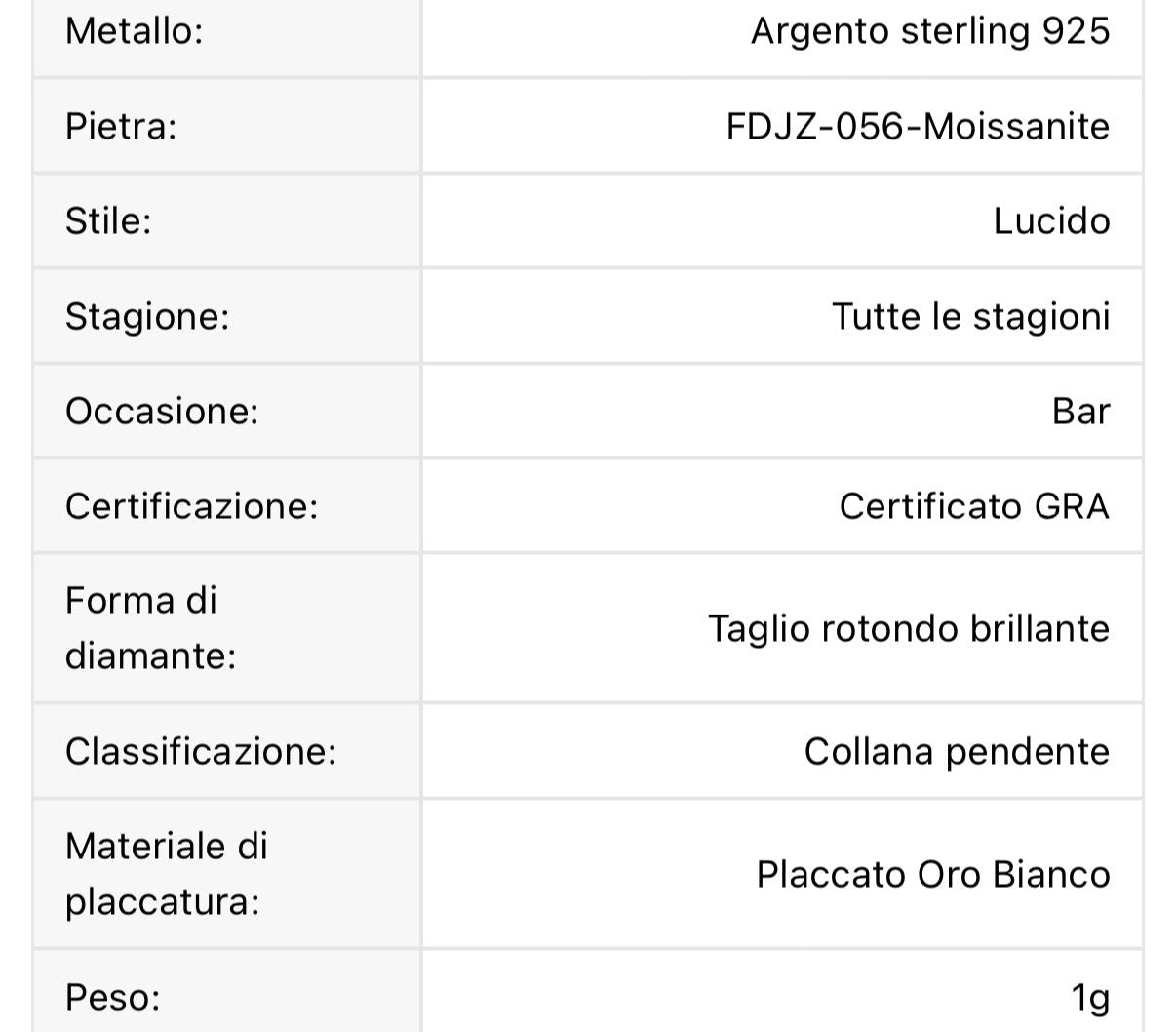 Collana argento S925 1ct Moissanite placcata oro bianco 18k