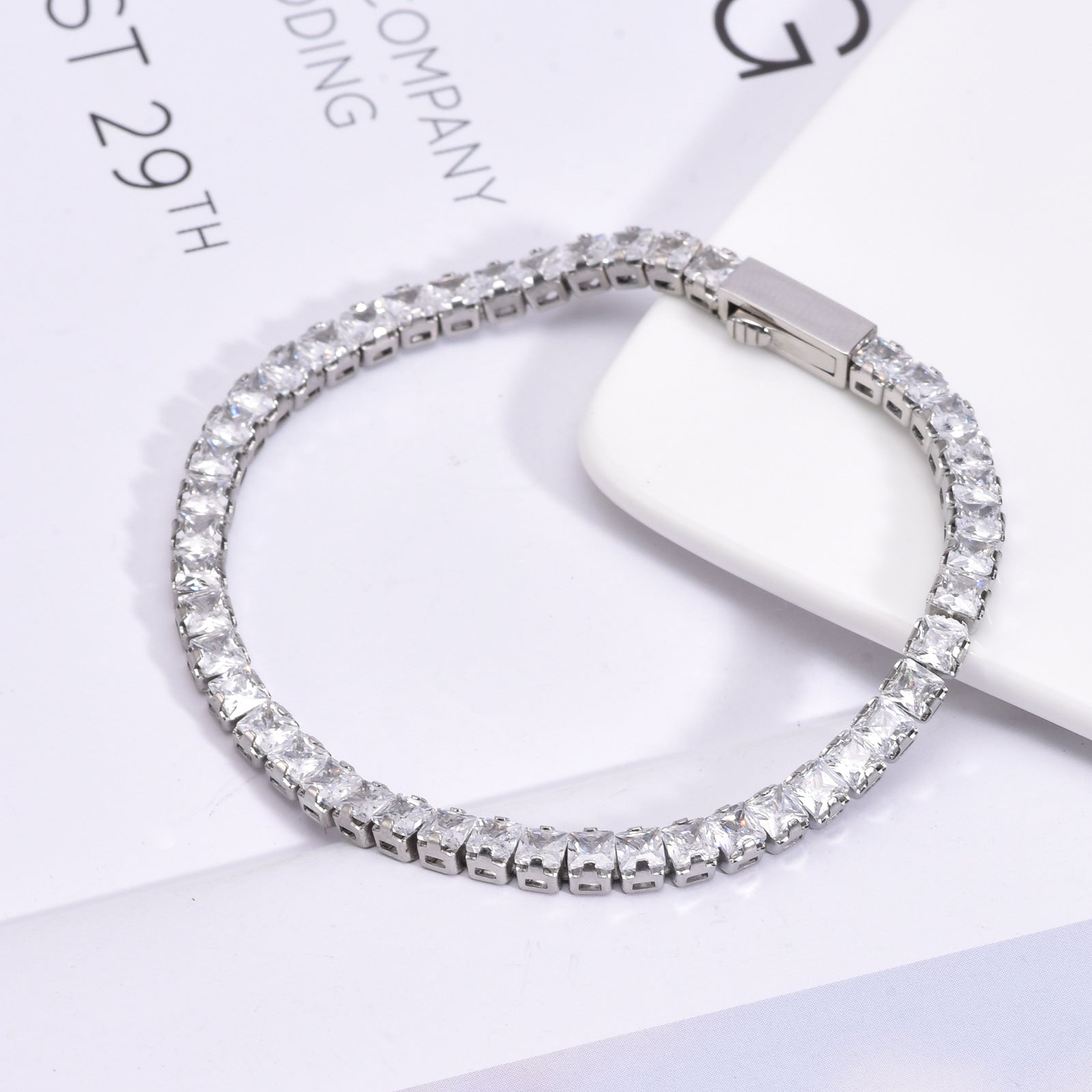 Bracciale 3mm unisex acciaio inossidabile zirconi placcato oro bianco 18k
